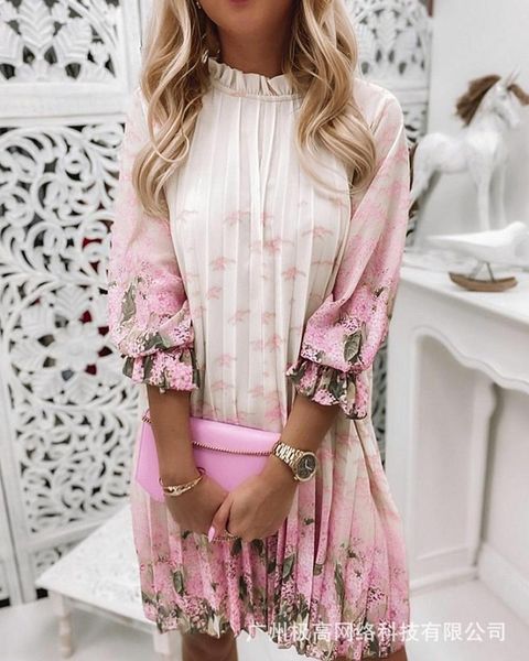 

casual dresses 2021 summer office lady three quarter folds print dress, Black;gray