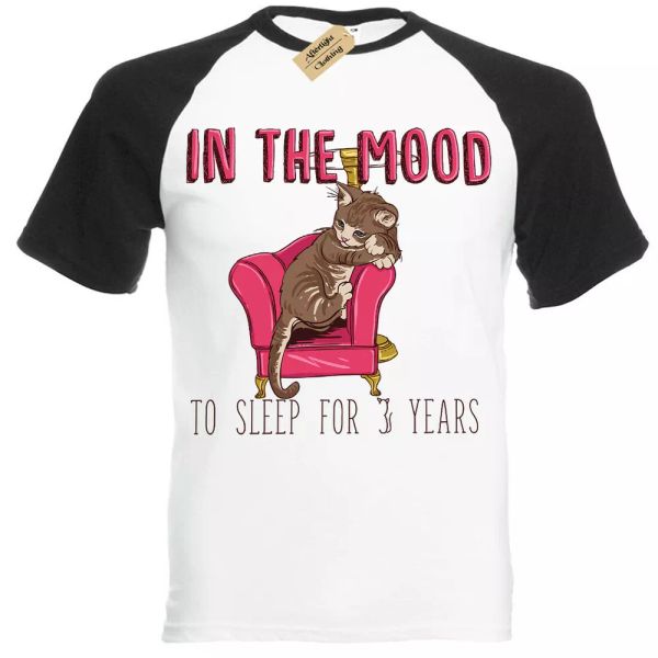 

the mood to sleep for 3 years cat t-shirt short sleeve baseball, White;black