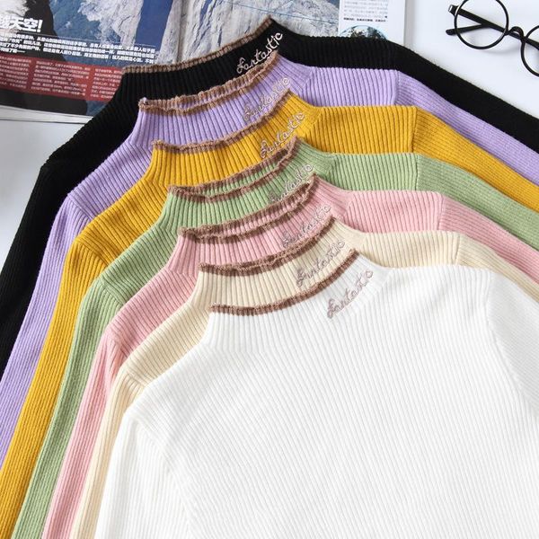 

plain pullovers turtleneck sweater women slim knitted shirt winter pink sweaters long sleeve female high neck base jumper women's, White;black