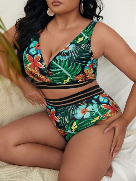

plus tropical print contrast mesh bikini swimsuit o1hz#, Black