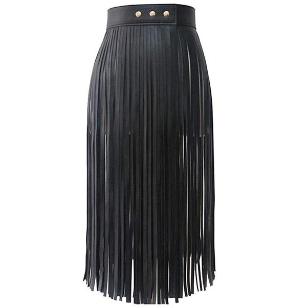 

women's tassels leather skirt summer fashion adjusted pu long fringe dress belts black skirts