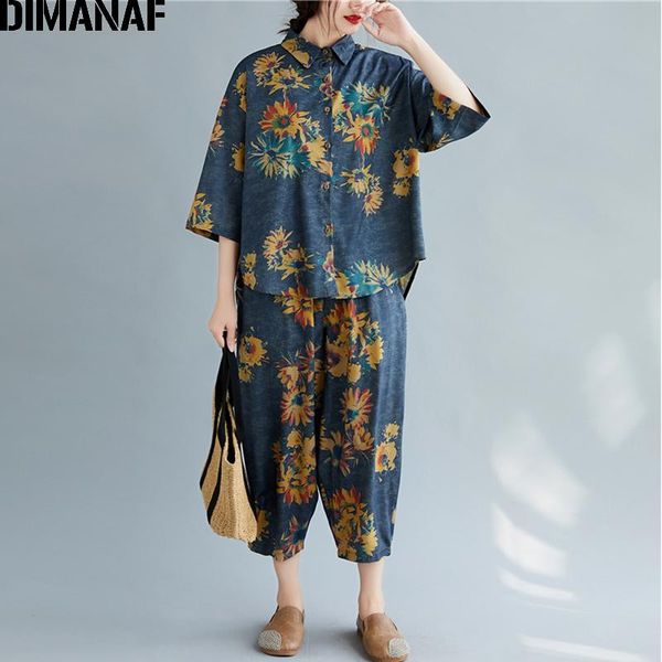 

plus size women sets suit print floral vintage lady shirts button cotton linen loose long pants autumn women's two piece, White