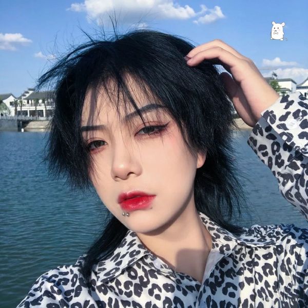 

mugil wolf head tail wig long short hair female neutral fashion headgear style natural male korean handsome, Black