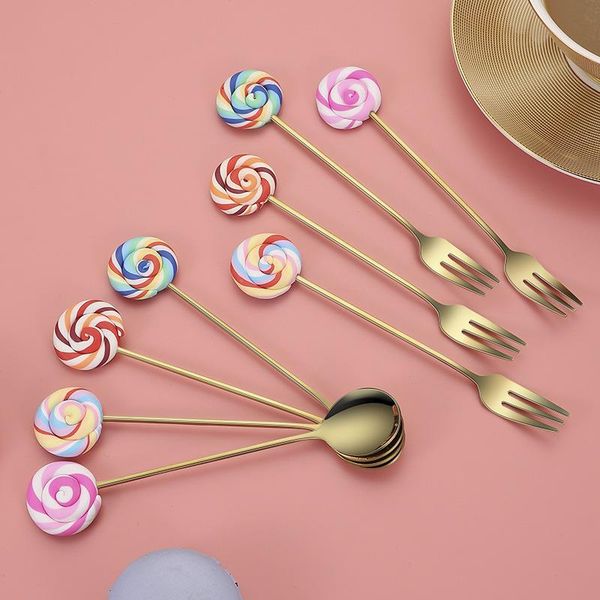 

forks 304 stainless steel cute donut spoon and fork set mini coffee tea stirring spoons dessert fruit salad children tableware