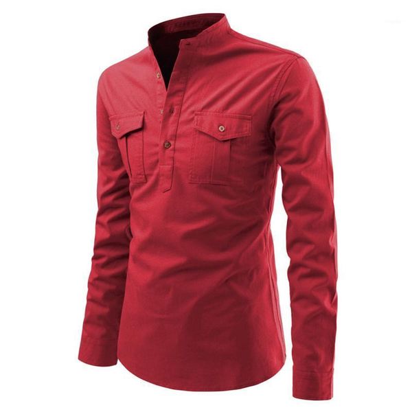 

explosive style men's four seasons slim long-sleeved pullover stand-up collar tooling multi-pocket shirt pure cotto casual shirts, White;black