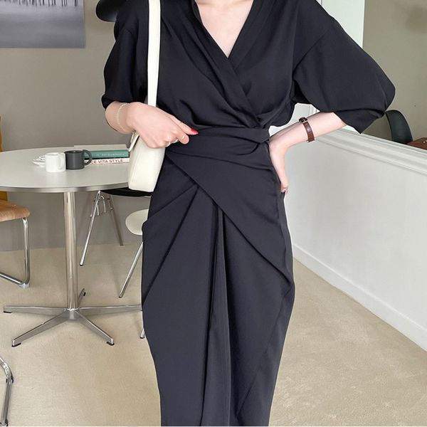 

casual dresses [ewq] summer korea chic fashion lapel robe cross solid color all-match loose khaki midi dress women 16e55 4kj7, Black;gray