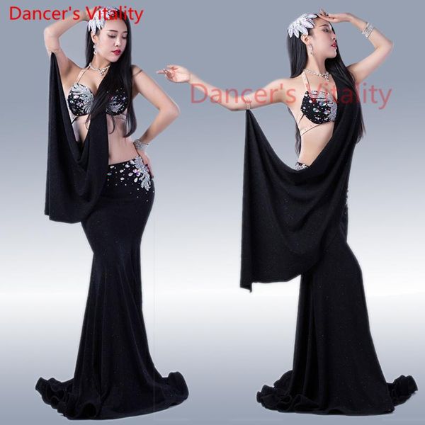 

stage wear belly dance clothes rhinestones bra long skirt 2pcs competition suits for girls satge clothing m,l, Black;red