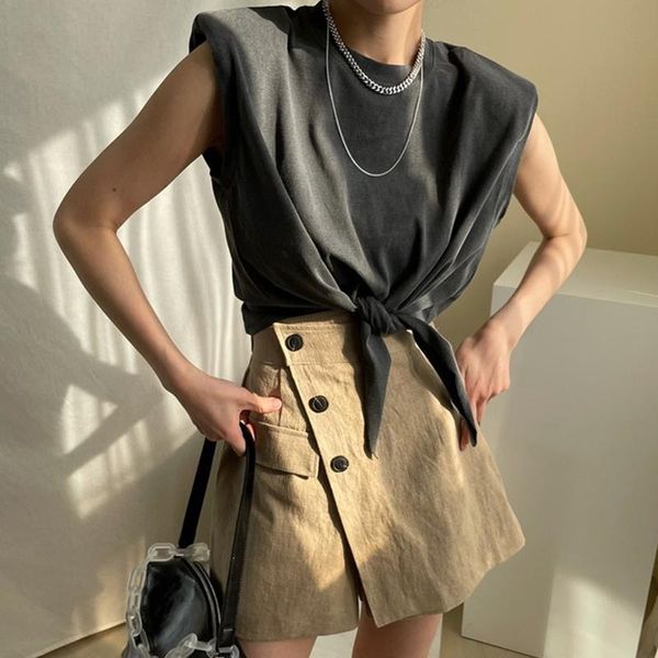 

[ewq]all-match round neck cross tie t-shirt + high waist design and bevel single-breasted skirt women fashion summer 2021 2f0640 women', Gray