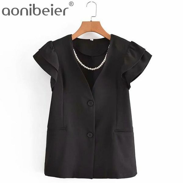 

women's suits & blazers aonibeier removable imitation pearl necklace office lady suit jacket summer ruffles sleeves single breasted wom, White;black