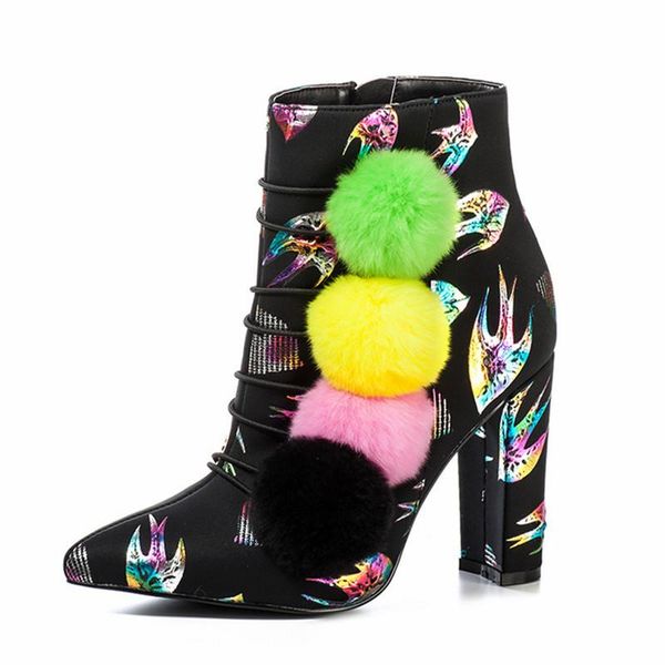 

boots animal print women ankle colorful pompon high heels pointed toe fashion autumn winter pumps, Black
