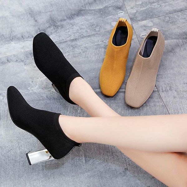 

dress shoes hee grand women stretch knit fabric pumps breathable comfort high heel square toe slip on silver wxg727, Black