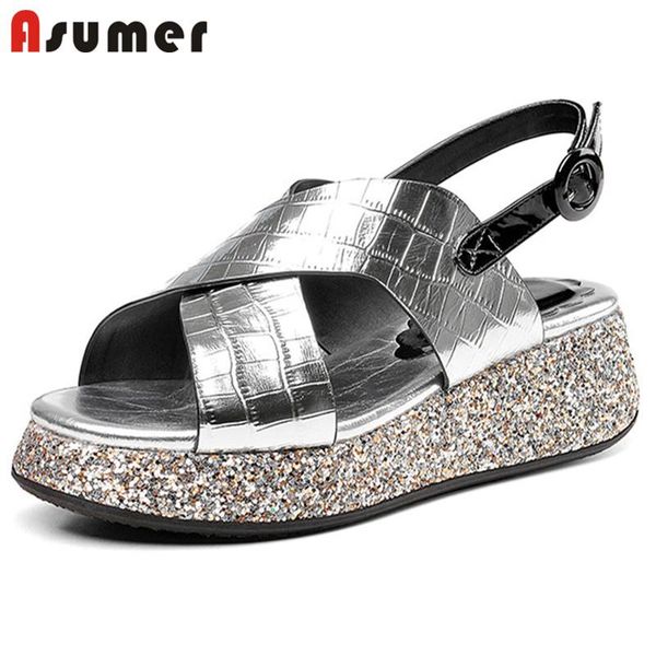 

sandals asumer 2021 large size 34-41 women solid colors buckle casual flat shoes comfortable fashion platform ladies, Black