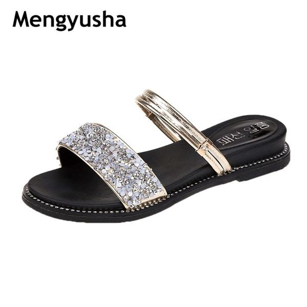 

mengyusha 2021 women sandals flips flops summer style shoes wedges fashion rivet crystal platform female slides size, Black