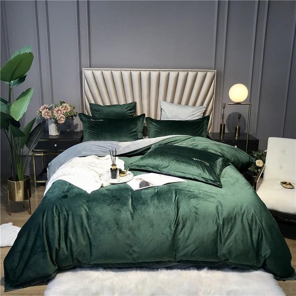 

bedding sets heavyweight velvet duvet cover bed sheet set 4pcs  king soft warm premium luxurious zipper ties,dark green
