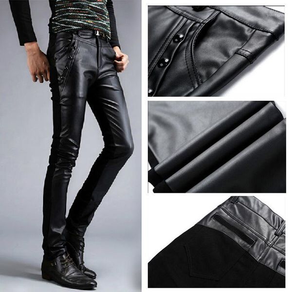 

men's pants leather feet slim black trousers tide motorcycle pu korean casual
