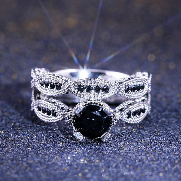 

wedding rings vintage female black round zircon ring set creative silver color cross romantic love engagement for women, Slivery;golden