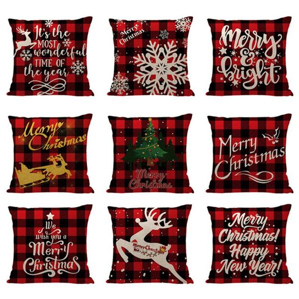 

45x45 linen red grid sofa waist pillowcase christmas reindeer snowflake without pillow