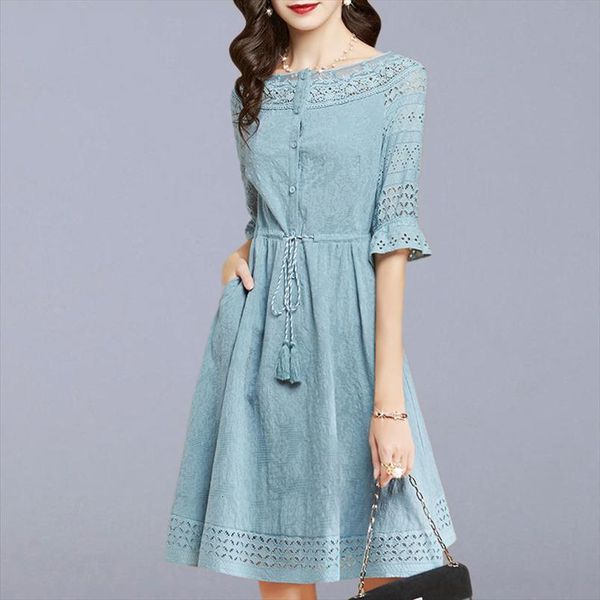 

cotton casual women dress fashion england style hollow out lace knee length a line ladies party dresses p180, Black;gray
