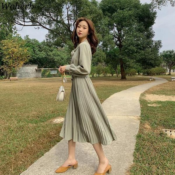 

women maxi dress fashion sashes long sleeve loose dresses korean chic vintage female casual office lady pleated vestidos 210417, Black;gray
