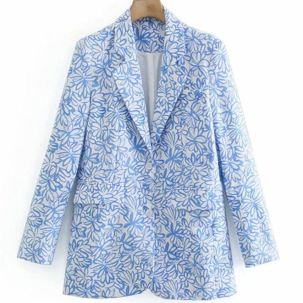 

women's suits & blazers aonibeier 2021 autumn blue floral print long sleeve women casual loose notched collar single breasted suit jack, White;black