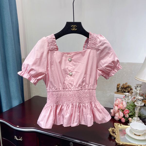 

womens korean-style solid colour blouse square collar sweet fresh off-shoulder shirt ruffled hem pleated waist tight blusas, White