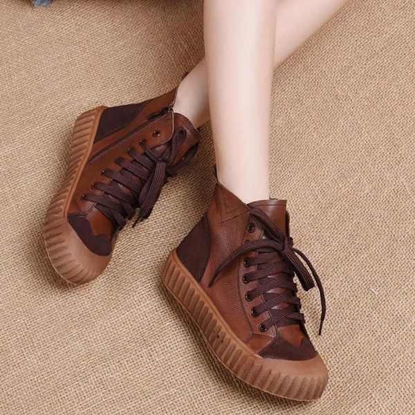 

first layer cowhide short boots female winter british style retro thick-soled casual leather lace-up single, Black