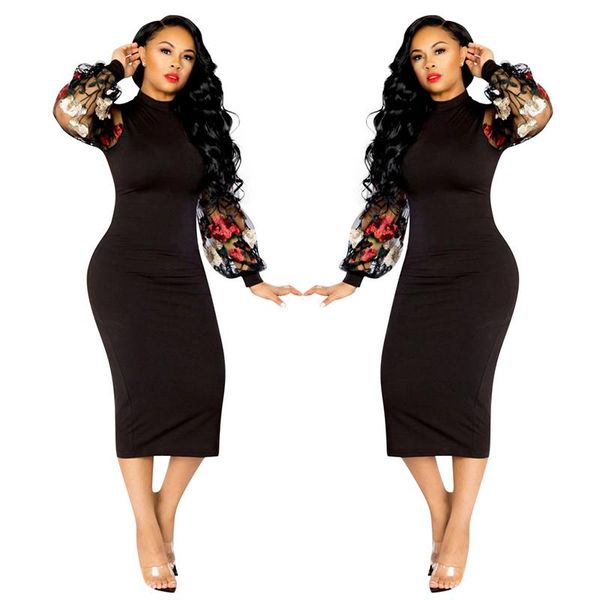 

solid color embroidery mesh see-through puff sleeve slim dresses for women party autumn winter vestido clubwear casual, Black;gray