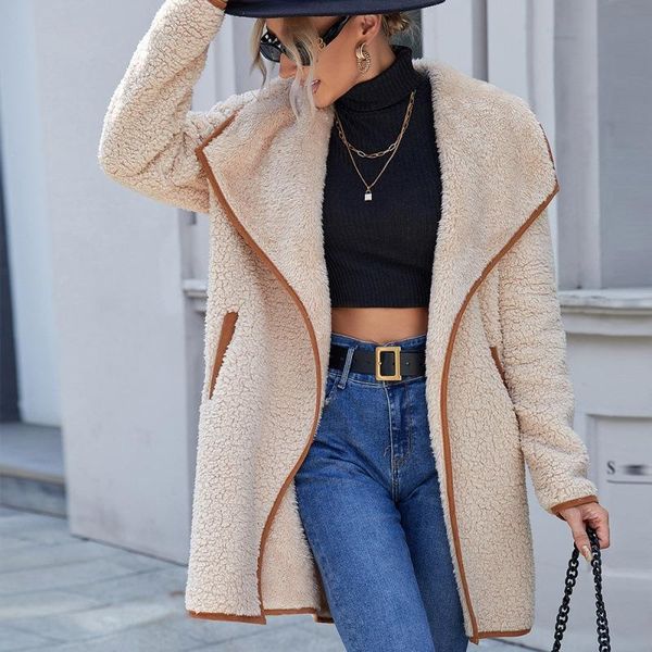 

women's wool & blends 2021 autumn and winter windbreaker fashion loose casual big lapel irregular mid-length double-sided plush thick c, Black