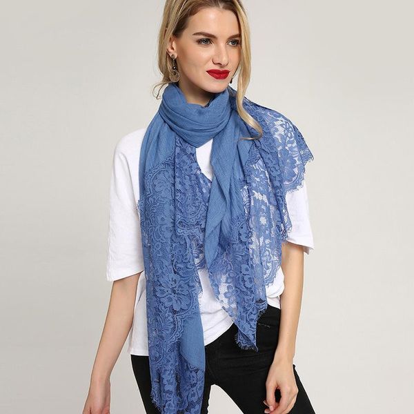 

scarves winter woman retro wild korean ladies scarf cotton linen lace solid color hollow shawl, Blue;gray
