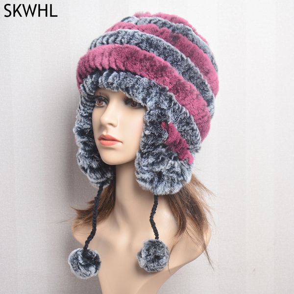 

winter fur caps hats beanies for women sew stripes real rex rabbit fur hat cap female soft warm natural ladies, Silver