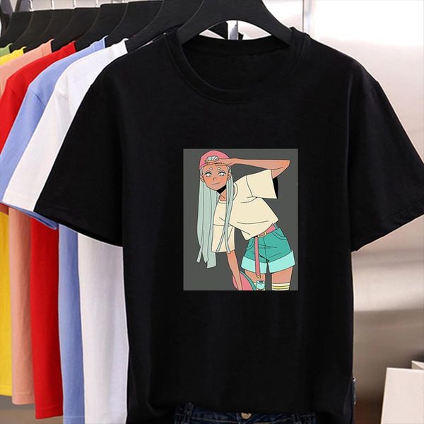 

breathable nimation cool oversize women t shirt blue hair girl graphic e round neck refreshing, White