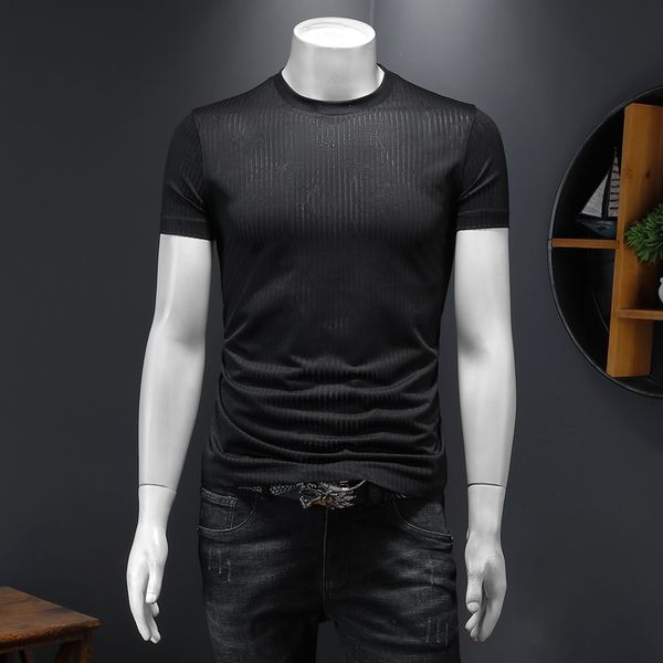 

2022 summer new men's letter embroidery drill stretch t-shirt short-sleeved cotton round neck trend printing bottoming shirt, White;black