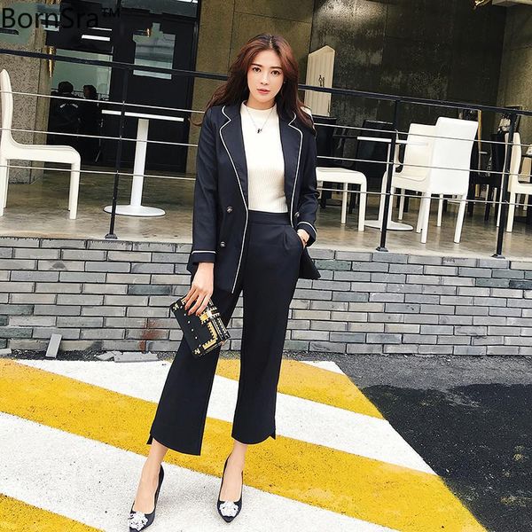 

bornsra 2 pieces set women jacket and blazer & long pant hit color black office wear notched collar blaser trousers 2021 two piece dress, White