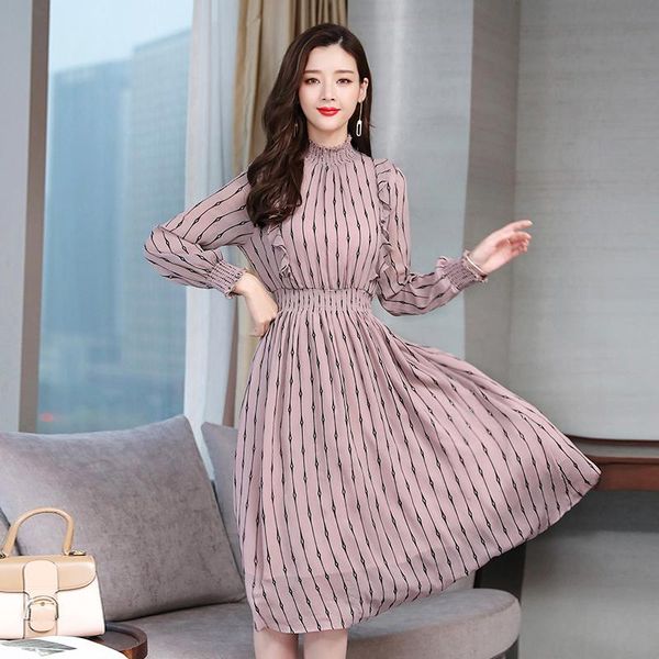 

casual dresses 2021 vintage striped chiffon long sleeve midi spring summer plus size women bodycon dress elegant party femal vestidos, Black;gray