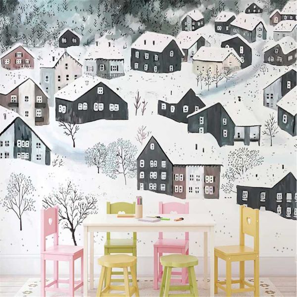 

wallpapers xue su customized large mural wallpaper nordic snow scene children's small house color tv background wall cloth