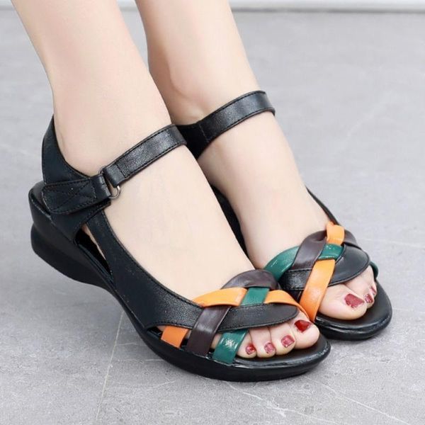 

sandals 2021 summer women genuine leather wedges open toe shoes comfortable female mother plus size 35-42, Black