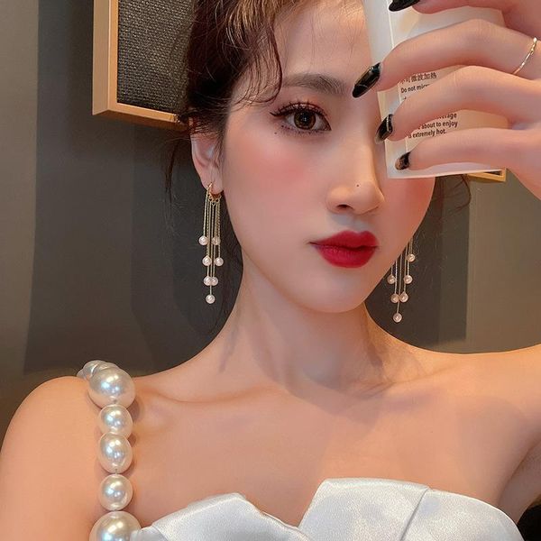 

dangle & chandelier korean style elegant pearls pendant tassel long earrings for women retro fashion minimalist buckle earring party jewelry, Silver