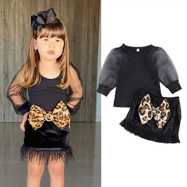 

1 6y toddler kids baby girls clothes autumn mesh puff sleeve t shirts pullover leopard bowknot tassel skirts outfits, White