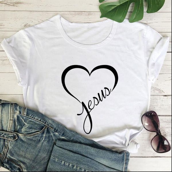 

jesus heart print o women t shirt neck short sleeve summer letter clothing, White