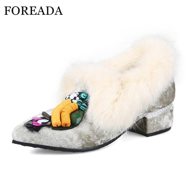 

dress shoes foreada women pumps high heels fur thick med fashion crystal pointed toe lady casual spring large size 33-46 9, Black