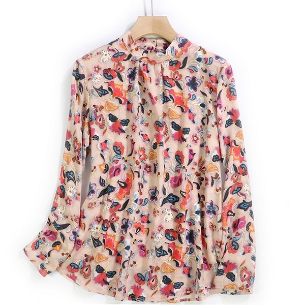 

coat women's 100% pure silk stand collar shirt blouse long sleeve office work pink floral jn529, Tan;black