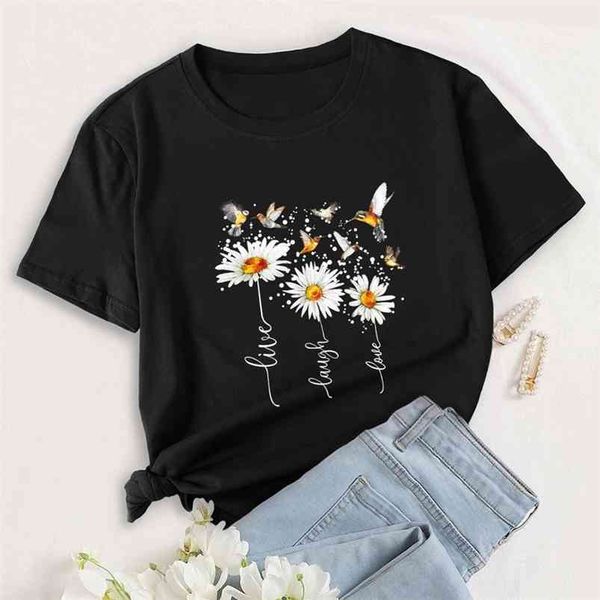 

summer women t shirt plus size 100% cotton cute flowers birds print short sleeve oversized woman tshirts casual graphic tee 210623, White