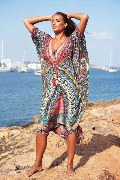 

women's swimwear bohemian vintage long beach wear oversized robe v neck print summer pareos holiday slim vestidos femme mijp, White;black