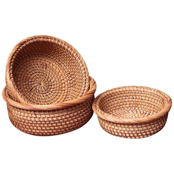 

storage baskets hadewoven round rattan fruit basket wicker food tray weaving holder dinning room bowl, 3pcs