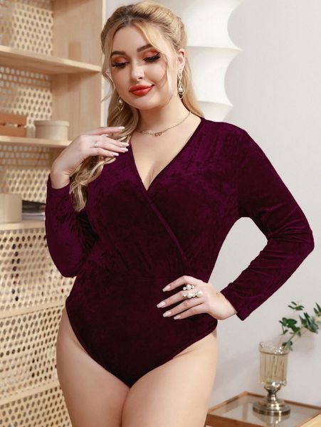 

plus surplice neck velvet bodysuit z7ov#, Black
