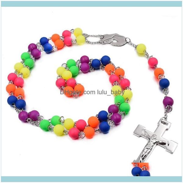 Correntes Pingentes Jóias Casamento Casamento Cool 8mm Multicolor Grânulos Colares Rosário Para Mulheres Estilo Jesus Cross Jewelry Homens Monince Fir RN1031