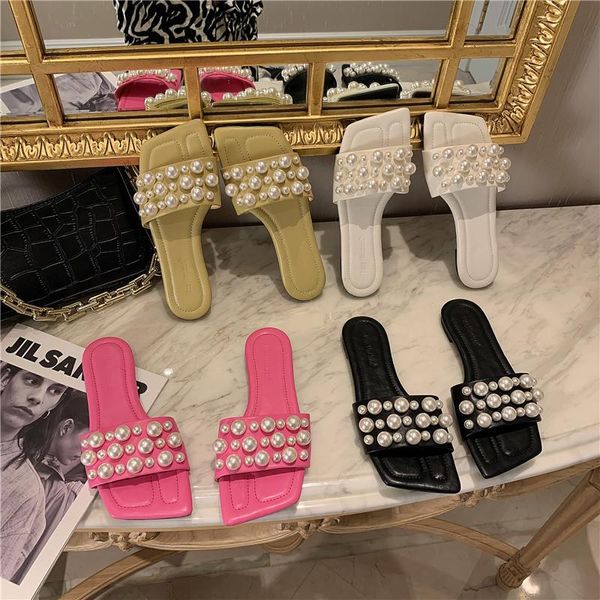 

slippers open toe women sandals flats heeled pearl design casual slides slip on mules shoes summer flip flops pumps 39, Black