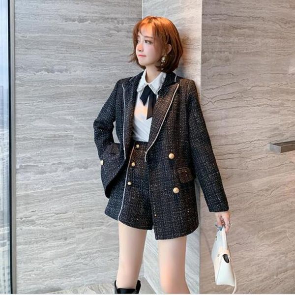 

women's tracksuits elegant ladies vintage black shorts two piece set women bright silk tweed suit coat + high waist double-breasted out, Gray