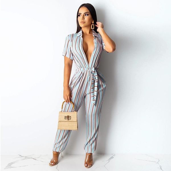 

women jumpsuit striped buttons up overalls turn-down collar waist lace causal summer short sleeve one piece playsuit women's jumpsuits, Black;white