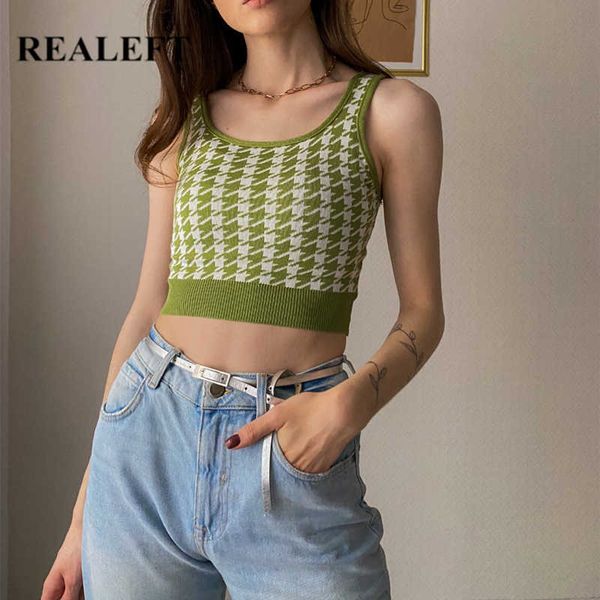 

realeft women summer crop short fashion houndstooth sleeveless knitted vest ladies stretchy camis female 210623, White